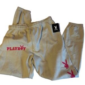 NWT Playboy pink playboy logo beige graphic print joggers sweatpants size XL